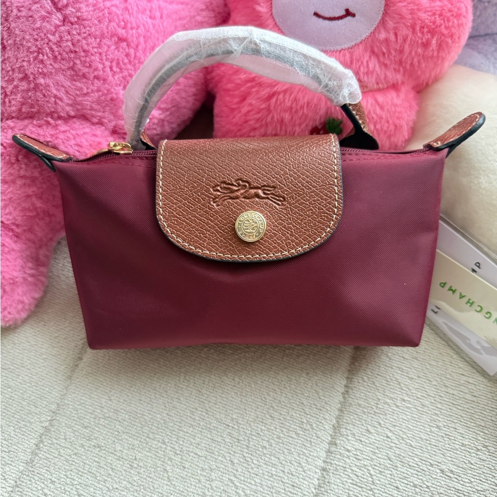 Longchamp Mini Top-Handle Bag in Burgundy with Brown Flap
